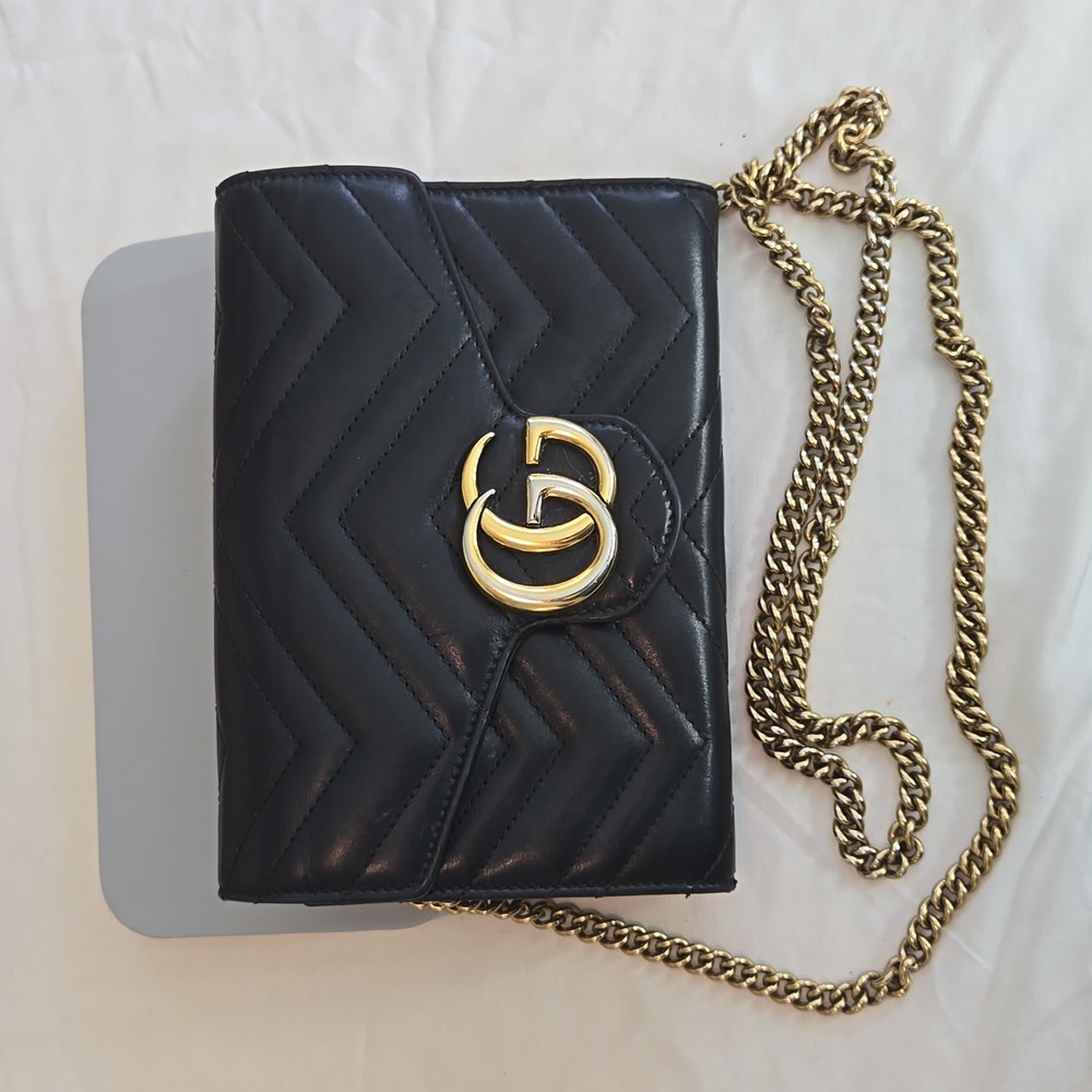 Gucci Black Quilted Leather GG Marmont Crossbody with Gold Chain
